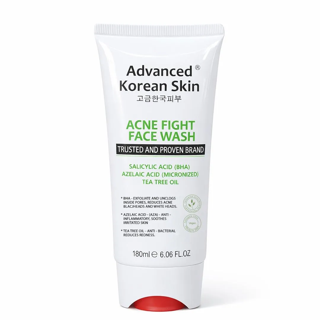 advanced korean skin acne fight face wash salicylic acid (bha) azelaic acid (micronized) tea tree oil 180ml 6.06fl.oz