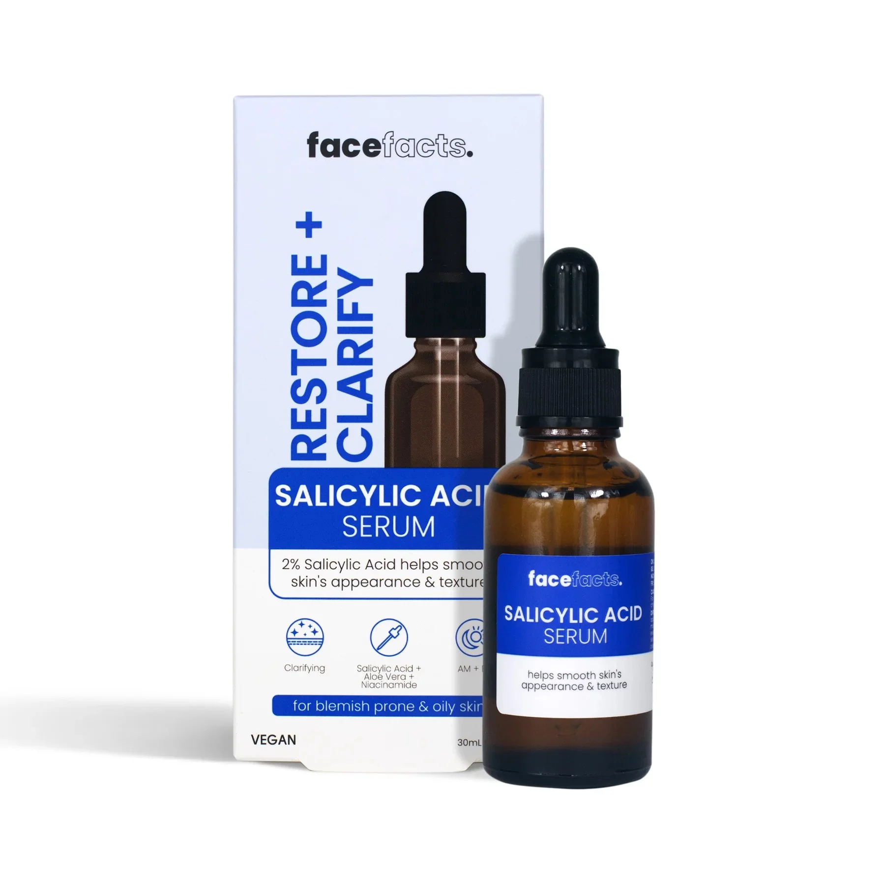 facefacts restore+clarifying ( salicylic acid serum ) for blemish prone & oily 30ml