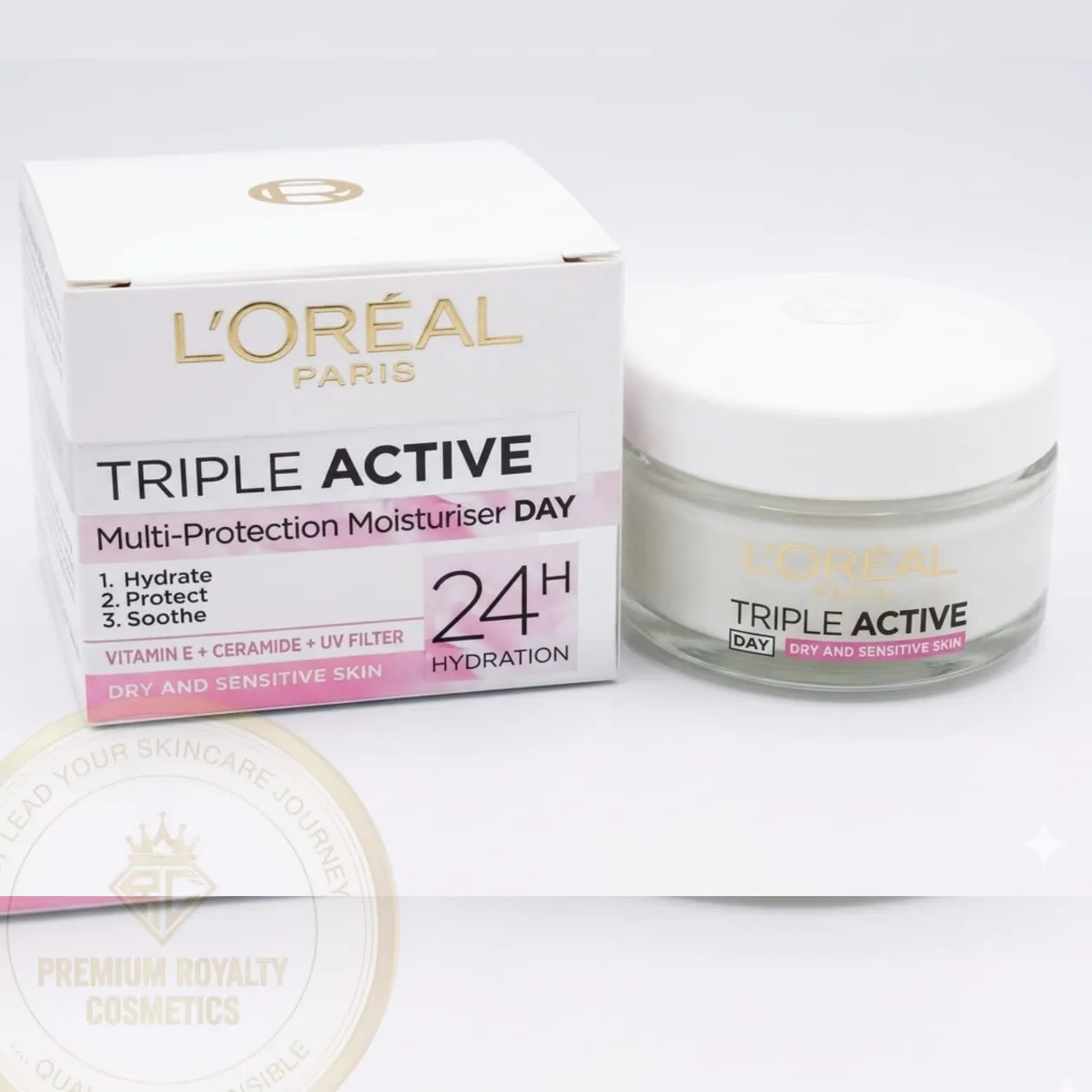 l'oreal paris triple active 24h ( multi protection moisuriser day ) vitamin e + ceramide + uv filter ( dry and sensitive skin ) 50ml