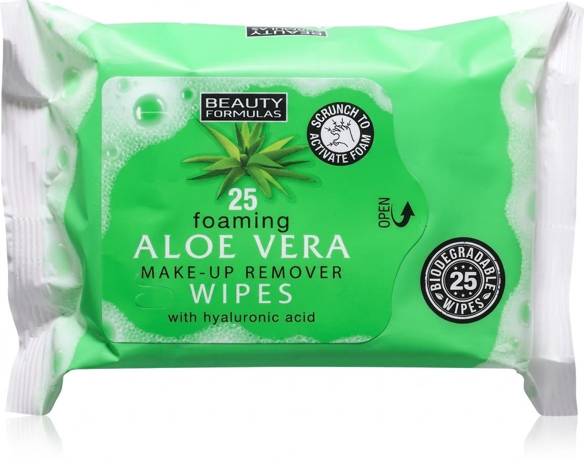 BEAUTY FORMULAS FOAMING ALOE VERA MAKE UP REMOVER WIPES WITH HYALURONIC ACID 25 WIPES